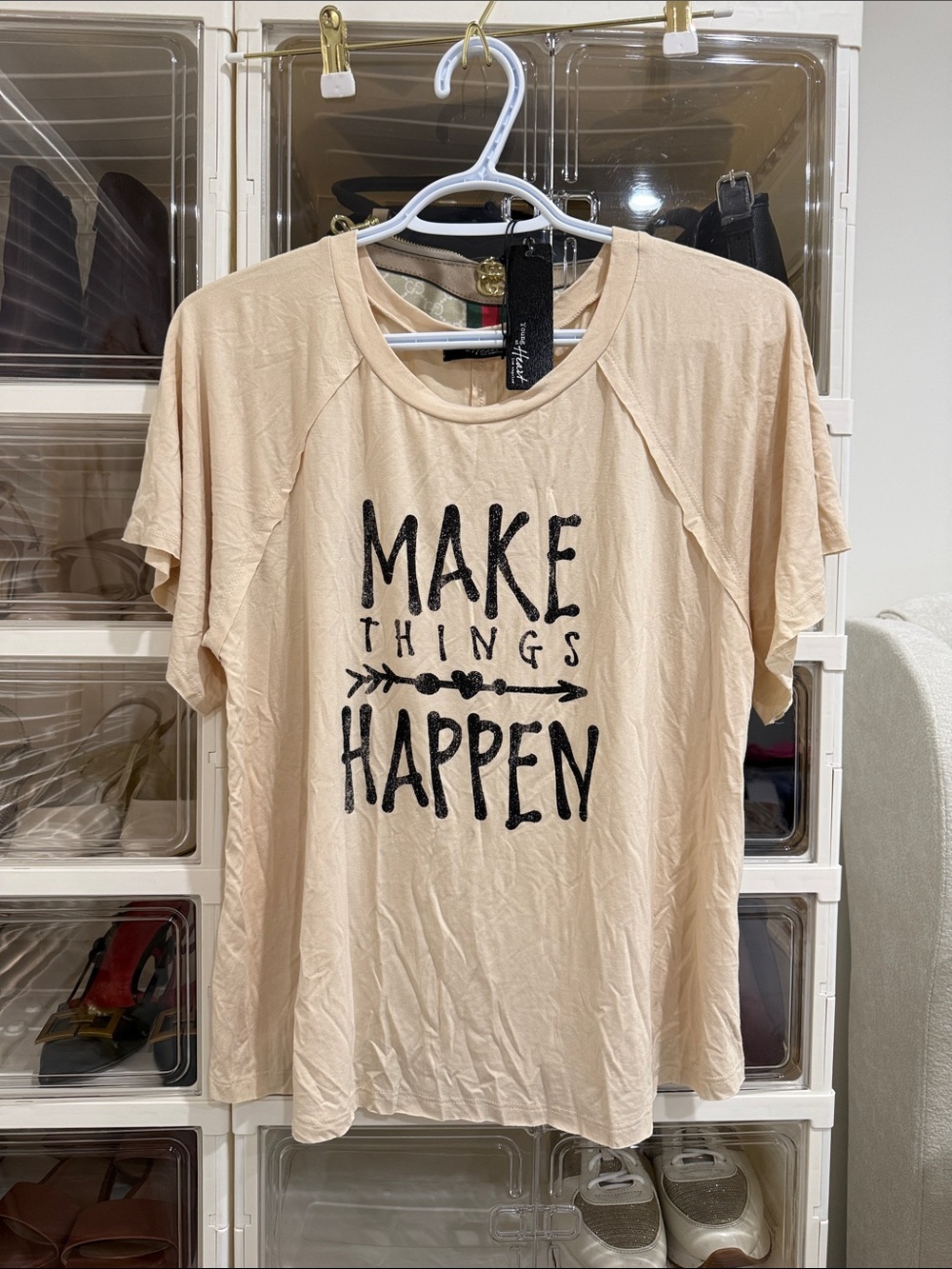 Women’s Beige Graphic Tee — "Make Things Happen"